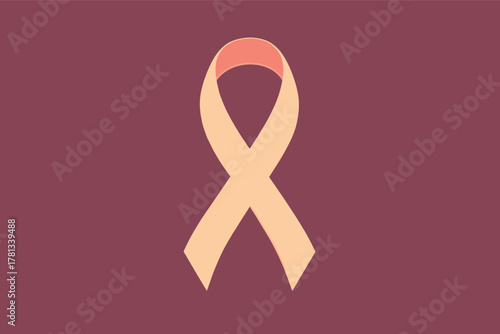 Flat design illustration of a pink awareness ribbon symbolizing support and awareness for breast cancer on a deep mauve background.