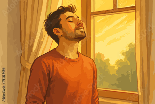 A young caucasian male with a beard stands indoors near a window, eyes closed and head tilted back, appearing relaxed in a warmly lit setting.