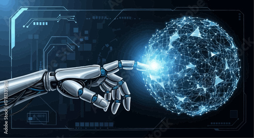 Robotic arm interacting with a glowing sphere of interconnected nodes on a futuristic interface