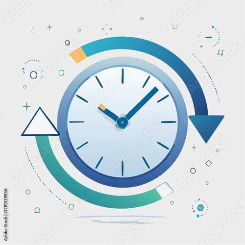 Blue and teal clock with circular arrows and abstract shapes representing time and workflow Keywords: clock, time, workflow, circular arrows, time management, deadline, schedule, punctuality