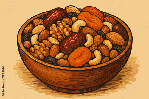A wooden bowl filled with a variety of nuts and dried fruits, including almonds, cashews, walnuts, raisins, dates, and apricots.