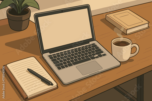 Open laptop on a wooden desk beside a steaming cup of coffee, a closed book, and a lined notebook with a pen.