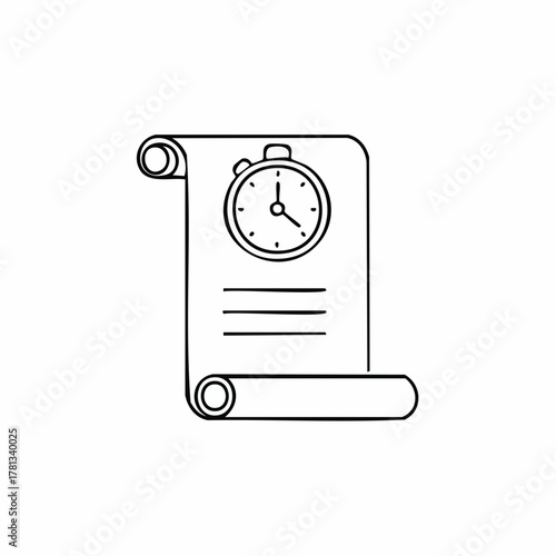 Hand Drawn Scroll Document with Stopwatch Icon and Lines for Text Keywords: scroll, document, paper, history, time, stopwatch, clock, timer, ancient, vintage, writing, text, lines, information