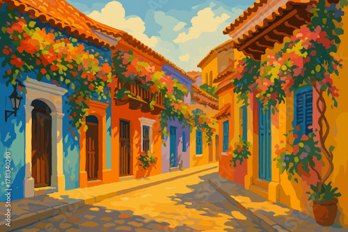 Charming, colorful street with vibrant buildings adorned with lush flowering plants casting shadows on a sunlit cobblestone path in a picturesque setting.