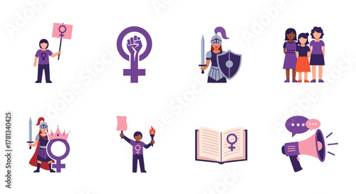 Empowerment symbols and diverse feminism icons set in modern flat design