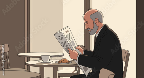 Elderly caucasian male in a black suit reading a newspaper while seated at a café table with a cup of coffee and a croissant.