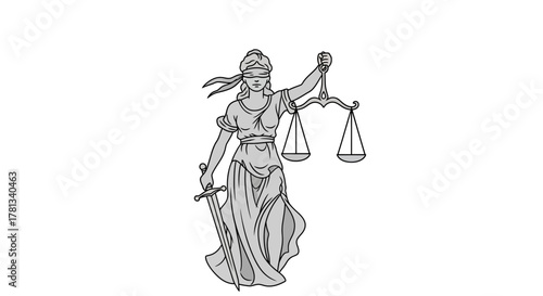 Blindfolded lady justice holding scales and sword in elegant linear design