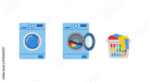 Modern flat style laundry machines and basket with colorful clothes