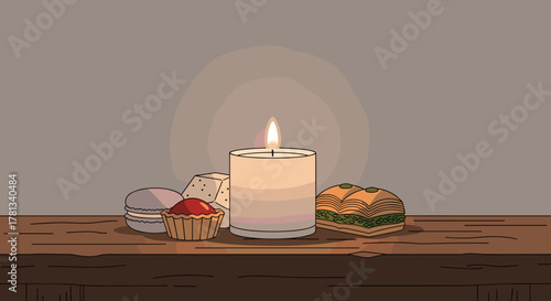 A lit candle surrounded by an assortment of desserts including macarons, a cake slice, and pastries on a wooden surface.
