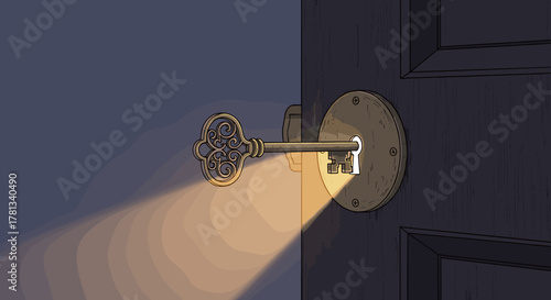 Ornate vintage key inserted into a lock, illuminating a path with its soft glow as it unlocks a dark wooden door.
