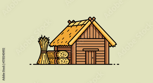 Simple depiction of a traditional wooden barn with a thatched roof, accompanied by bundles of hay and stalks in a rustic setting.