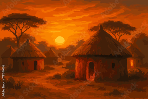 Traditional round huts with thatched roofs set against a vibrant sunset in an african landscape featuring acacia trees.