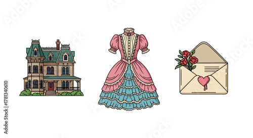 Victorian cottage, dress, and envelope with roses on white background
