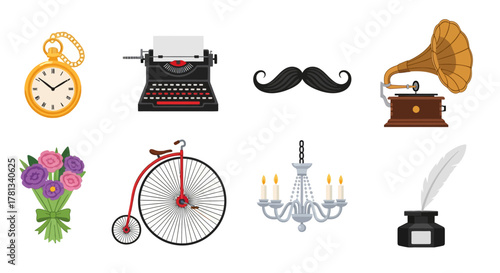 Vintage objects collection - bicycle, typewriter, gramophone, more