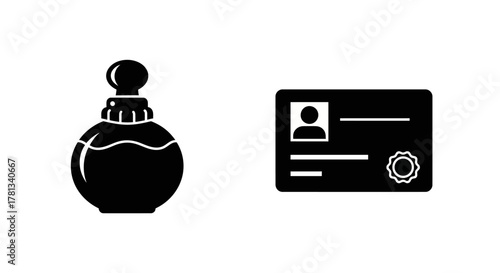 Minimalist icons of perfume bottle and identification card in black silhouette style