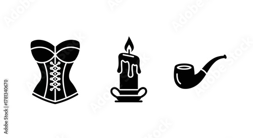 Black silhouette icons of corset, candle, and pipe on white background