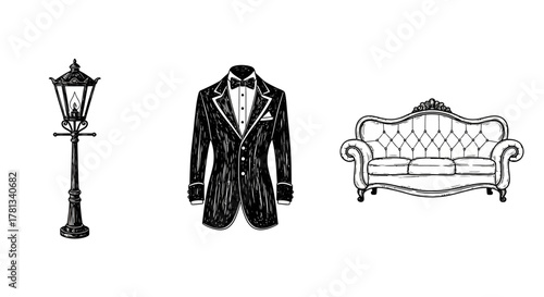 Elegant vintage hand drawn set: lamp, tuxedo, sofa