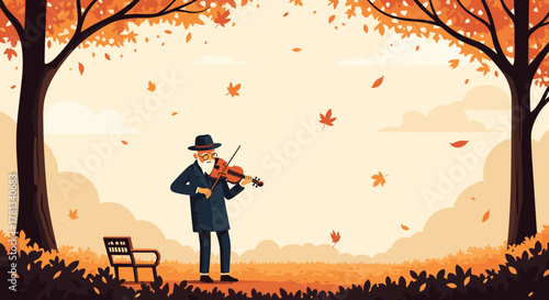Elderly caucasian male playing a violin under two autumn trees with falling leaves, wearing a dark coat and hat in a serene park setting.