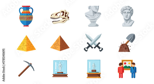 Ancient history icons: artifacts, monuments, and archeology collection