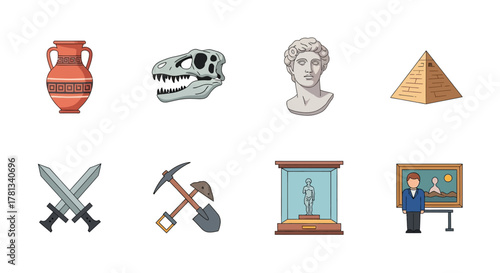 History symbols: artifacts, fossils, and ancient wonders in colorful icons
