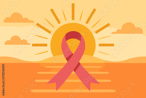 Pink awareness ribbon set against a vibrant sunset with sun rays and stylized clouds highlighting the cause of breast cancer awareness.