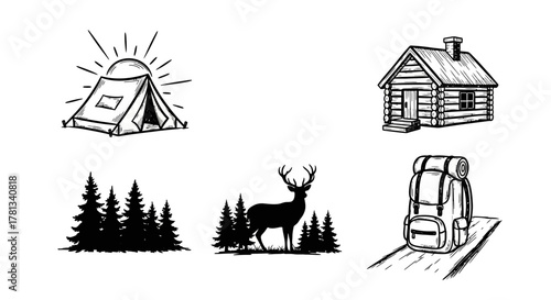 Rustic camping and wilderness adventure icons in black and white