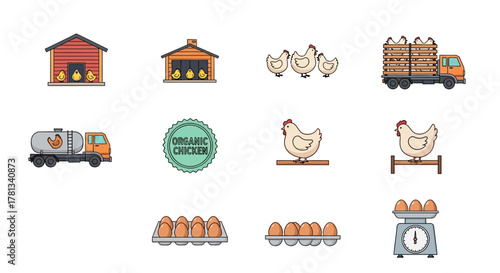 Flat farm icons: organic chicken, egg production, truck transport, barns
