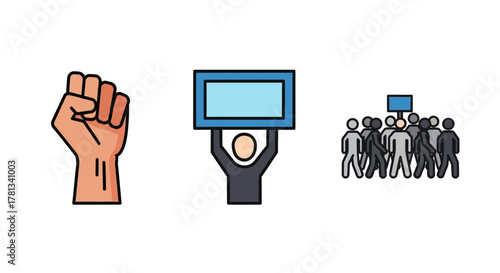 Protest icons: raised fist, holding sign, group demonstration