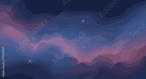 Abstract layered waves of blue, purple, and pink hues form an ethereal night sky with twinkling stars scattered throughout.