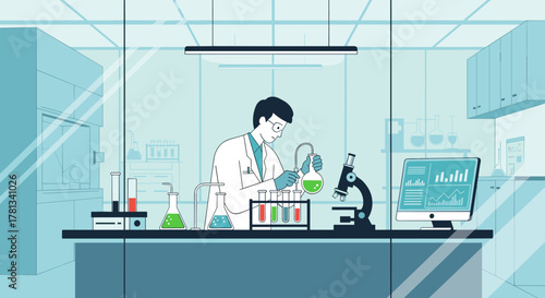 Male scientist in a lab coat conducting an experiment with test tubes and a microscope in a modern laboratory.
