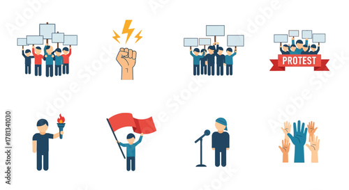 Activism and protest icons depicting unity and empowerment in flat design