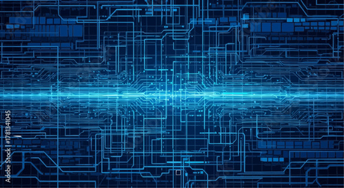 A complex network of interconnected blue lines forming a circuit board like structure with a central glow