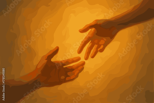 Two hands reaching towards each other against a textured warm-toned background, suggesting connection and assistance.