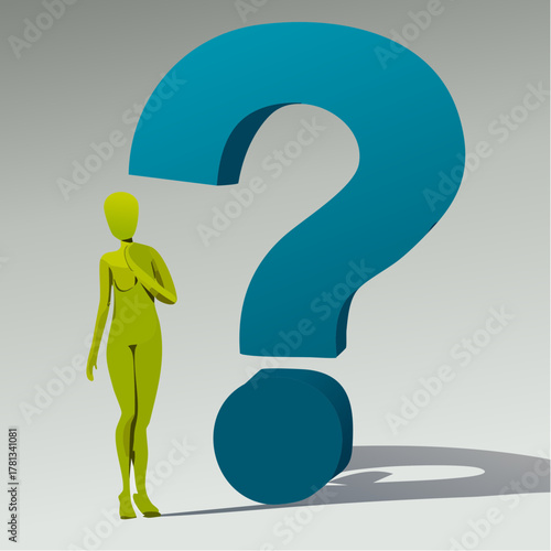 Green Humanoid Figure Standing Next To A Large Teal Question Mark With Shadow human figure