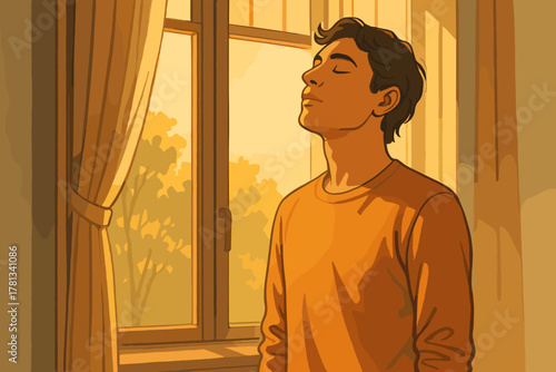 Young caucasian male enjoying a peaceful moment by the window, eyes closed in relaxation, bathed in warm natural light from outside.
