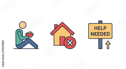 Poverty and unemployment concept with homeless figure and help sign