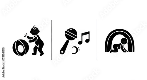 Playful baby icons: silhouette style featuring toys and activities