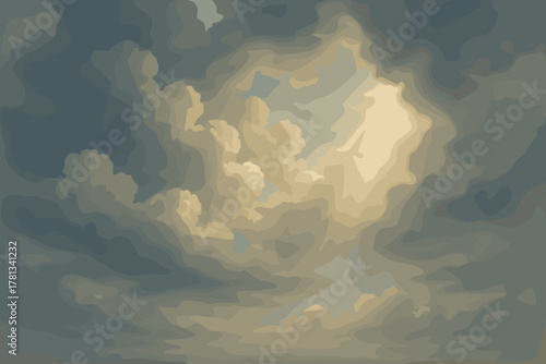 Abstract digital depiction of cloudy sky with a luminous, swirling pattern in shades of grey, blue, and beige.