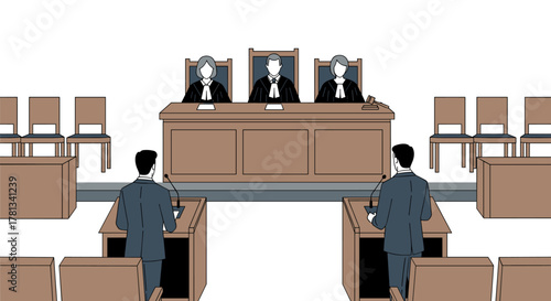 Courtroom scene depicting two male lawyers presenting cases to three judges seated on a bench, with additional empty chairs in the background.