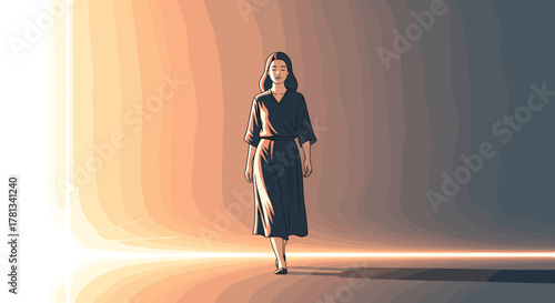 Young asian female in a dress walks gracefully through a corridor illuminated with warm and cool gradient lighting.