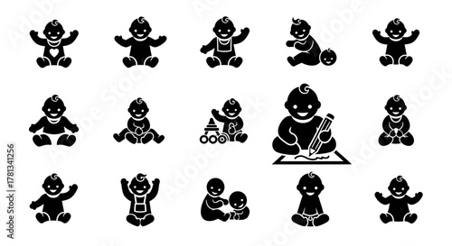 Adorable baby icons in playful silhouette style