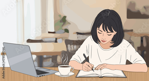 Asian female adult with short hair writing in a notebook at a cafe table, with a laptop and coffee cup nearby, in a serene and focused setting.