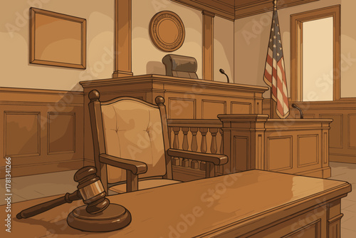 Empty courtroom featuring a prominent wooden judge's bench, a gavel on a table, and a u.s. flag, symbolizing the legal and judicial system.