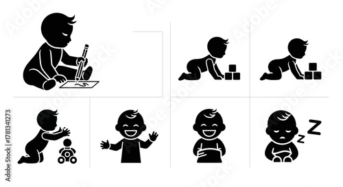 Silhouette baby activities: play, draw, laugh, and sleep in black and white