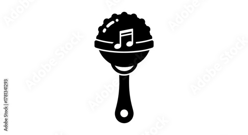 Musical rattle icon featuring music note on black silhouette design