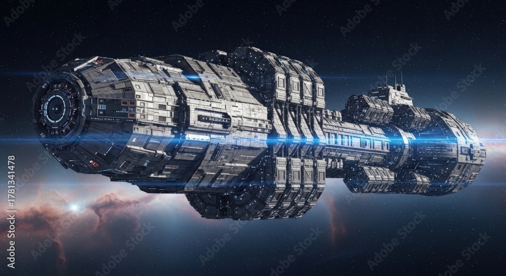 Fototapeta premium Massive Futuristic Spaceship Drifting Through Deep Space Nebula.