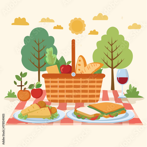 Delightful Picnic Spread with Sandwiches Wraps and Fruits in a Basket by Trees Under Sunny Sky