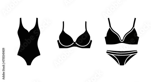 Minimalist swimwear and lingerie silhouettes in black on white background