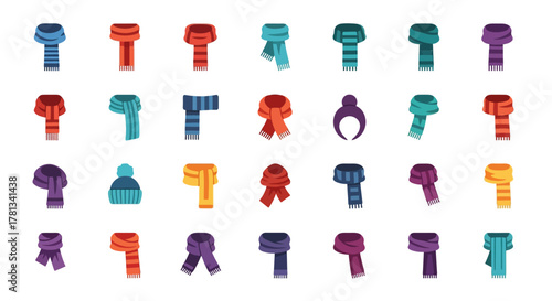 Colorful collection of winter scarves and hats in flat style