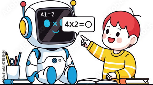 Young boy learning mathematics with a robot assistant in a classroom setting
